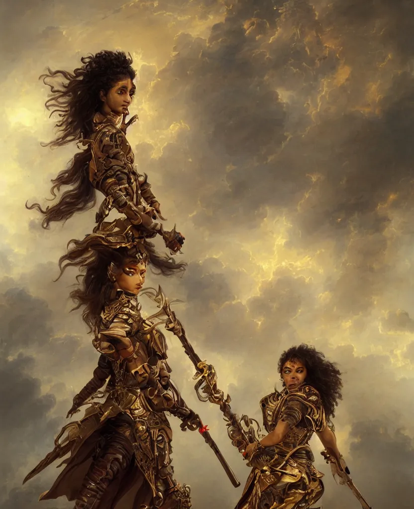 Prompt: a brown skinned female demon hunter with mid dark curly hair and a futuristic uniform, windy, she is holding a adorned spear, stoic, modern, shes alone, maximalist fashion, hyperdetailed, dramatic, epic painting, painted by jean honore fragonard and greg rutkowski, full body, octane render, sharpness, 8 k, golden ratio