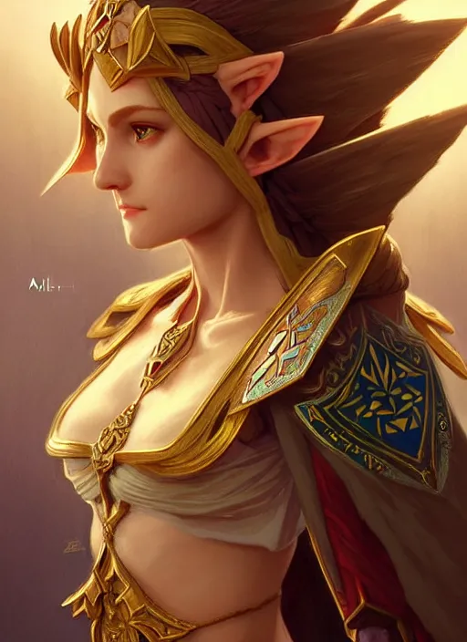 Image similar to zelda with triforce, fantasy, intricate, elegant, highly detailed, digital painting, artstation, concept art, wallpaper, smooth, sharp focus, illustration, art by artgerm and greg rutkowski and alphonse mucha and wlop