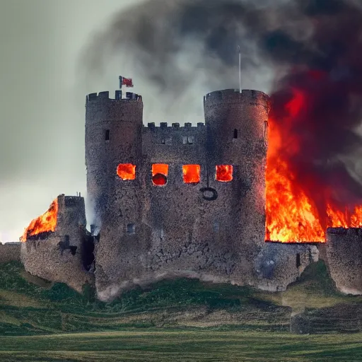 Image similar to Siege of a burning medieval castle, XF IQ4, 150MP, 50mm, f/1.4, ISO 200, 1/160s, natural light, Adobe Photoshop, Adobe Lightroom, DxO Photolab, polarizing filter, Sense of Depth, AI enhanced, HDR