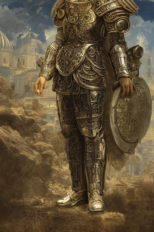 Image similar to portrait Emperor Marcus Aurelius, metallic Silver and ice color reflected armor, in ruined Agora of Athens, ssci-fi, fantasy, intricate, very very beautiful, elegant, golden light, highly detailed, digital painting, artstation, concept art, smooth, sharp focus, illustration, art by WLOP and tian zi and alphonse mucha