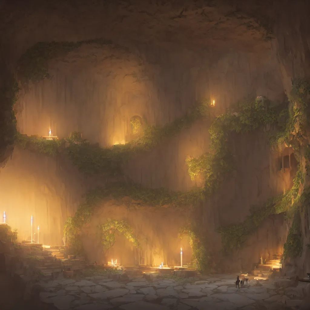 Image similar to ground floor of secret overwatch common area carved inside a cave, doors to various living quarters, magical, natural light, huge central tree, flowers, candle light, cinematic lighting, clean lines, cozy, fantasy, minimalist, clean lines, architecture, sharp focus, concept art, octane render 4 k, artstation, by greg rutkowski