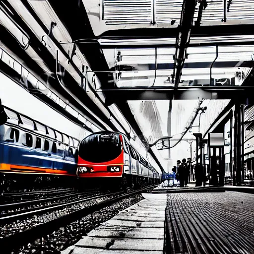 Prompt: traffic jam, train station, locomotive, public transport, delays, chaos, photograph, highly detailed