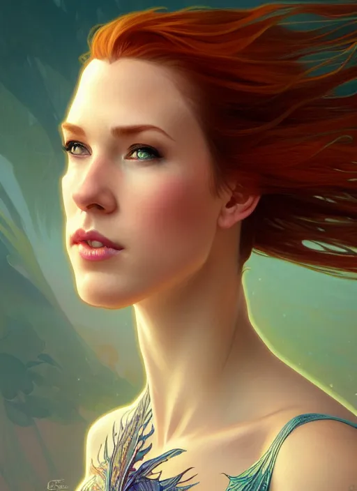 Image similar to marisha ray as a fish, intricate, elegant, highly detailed, digital painting, artstation, concept art, smooth, sharp focus, illustration, art by artgerm and greg rutkowski and alphonse mucha, 8 k