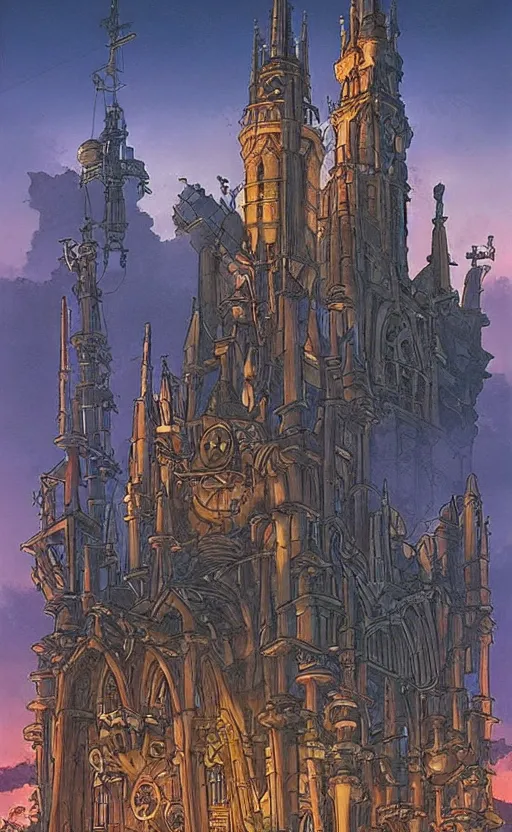 Image similar to Studio Ghibli steampunk cathedral at dusk by Hayao Miyazaki, Michael Whelan, and Thomas Kincade