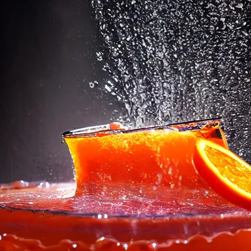 Prompt: a rat being drenched in an orange soda waterfall, cinematic lighting