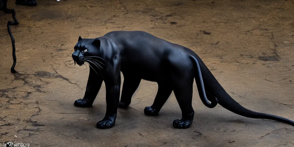 Prompt: the smooth black panther, made of smooth black goo, bating in tar in the zoo exhibit, viscous, sticky, full of tar, covered with black goo. photography, dslr, reflections, black goo, zoo, exhibit