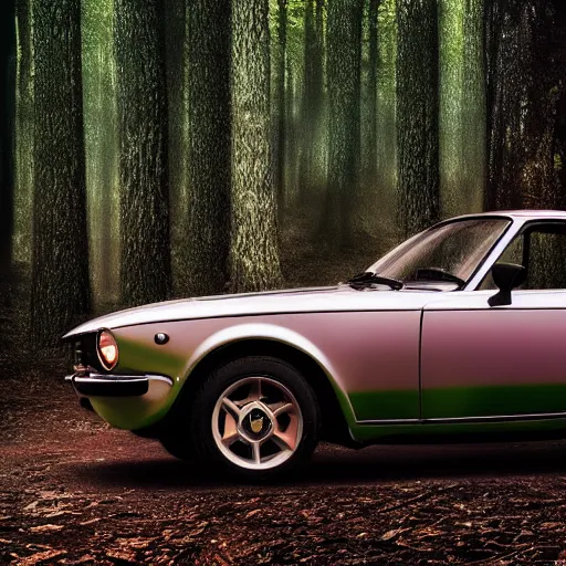 Prompt: fiat 1 2 4 in the dark forest, night, headlights are on, professional photography, vaporwave