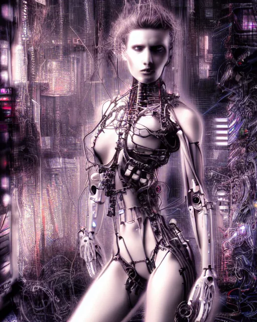 Image similar to portrait photo of an aesthetic biomechanical cyborg plugged into a quantum computer with cables and wires and optic fibers. cyberpunk horror style. art by luis royo. highly detailed 8 k. intricate. nikon d 8 5 0 5 5 mm. award winning photography.