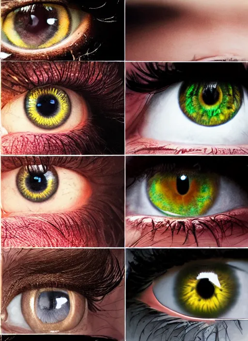 Image similar to grid montage of eyes, square dilated pupils, detailed colored textures, eyelashes, advanced art, art styles mix, from wikipedia, wet reflections in eyes, sunshine light, hd macro photograph, from side, various eyelid positions, square black pupil centered