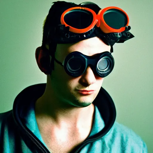 Image similar to kodak portra 4 0 0 photograph of a cybergoth guy wearing goggles and eclectic jewelry, moody lighting, telephoto, 9 0 s vibe, blurred background