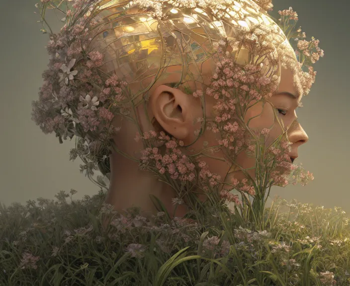 Image similar to simplicity, transparent clear see - through image of simple robots, floral environment, ultra realistic, concept art, minimalism, photorealistic, octane render, 8 k, unreal engine. art by gustave dore and nori inoguchi and sam kaplan and zachary goulko and christopher marley and artgerm and alphonse mucha