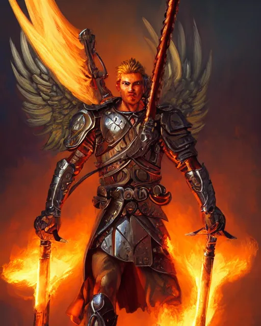 Prompt: character portrait of a brawny male warrior angel of justice, with fiery golden wings of flame, wearing shining armor, wielding a flaming sword and shield, by peter mohrbacher, mark brooks, jim burns, wadim kashin, greg rutkowski, larry elmore, trending on artstation