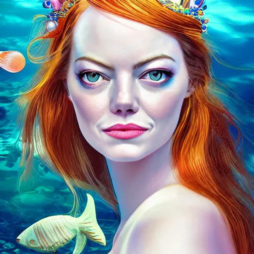 Image similar to emma stone portrait, fantasy, mermaid, hyperrealistic, game character, underwater, highly detailed, sharp focus, cinematic lighting, pearls, glowing hair, shells, gills, crown, water, highlights, starfish, jewelry, realistic, digital art, pastel, magic, fiction, ocean, king, colorful hair, sparkly eyes, fish, heroic, god, waves, bubbles