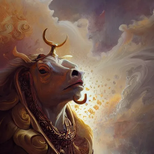 Prompt: sacred cow, acanthus scroll, ceremonial clouds, dripping paint, fibonacci rhythm, artstation, art germ, wlop, karol bak, christopher balaskas, ross tran