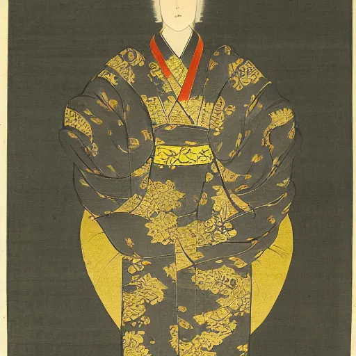 Prompt: a golden baby seal deity, radiating golden light, wearing royal kimono, Japanese ink drawing from 1850