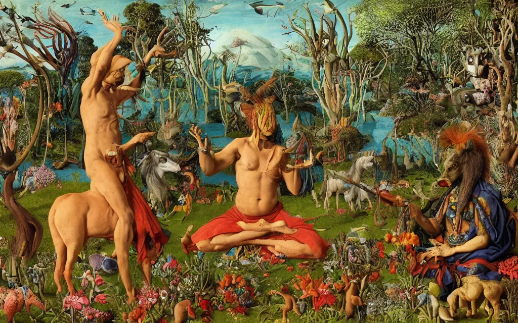 Image similar to photograph of a meditating centaur shaman and a striped werewolf feeding animals. surrounded by bulbous flowers, coral, animals and a few trees. river delta with cliffs under a blue sky of burning stars. painted by jan van eyck, max ernst, ernst haeckel, ernst fuchs and artgerm. trending on artstation, trending on cgsociety