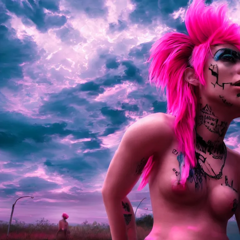 Image similar to oil painting, punk, pretty face punk back, pink, mohawks, neon, ultra detailed, contrast, clouds, sky, volumetric light, atmospheric lighting, dramatic, cinematic, moody, octane render 4 k, 8 k