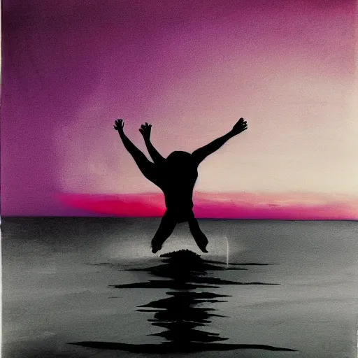 Image similar to purple sunset with a real black silhouette of a demonic walking on water, the sky falls to the ground, high detail