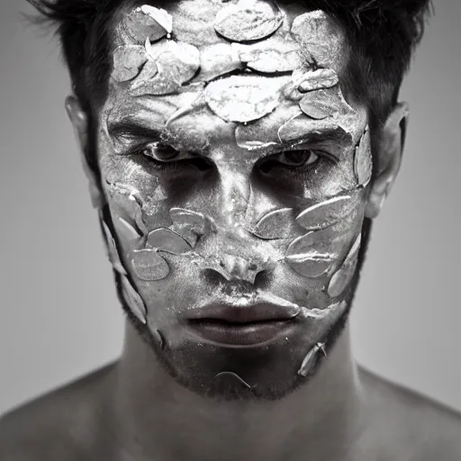 Image similar to a close up portrait of a beautiful athletic young persian male with his face covered in silver leaf , photographed by erwin olaf, artistic