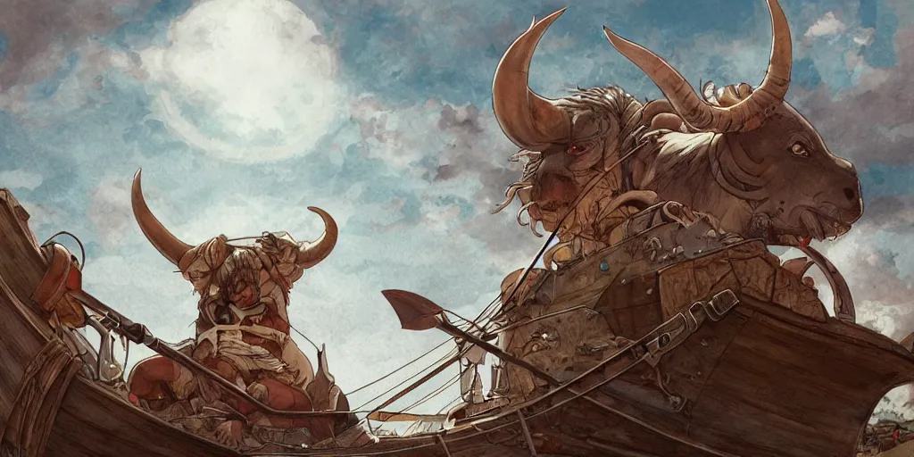 Image similar to Minotaur in a Boat, by Caza, studio ghibli, cinematic lighting, intricate, highly detailed, digital painting, trending on artstation, Illustration, epic scale