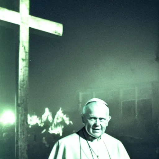 Image similar to photograph of john paul ii standing outside a small burning church with a glowing holy cross on its roof, night, black