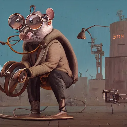 Image similar to a rat with steampunk googles, by simon stalenhag