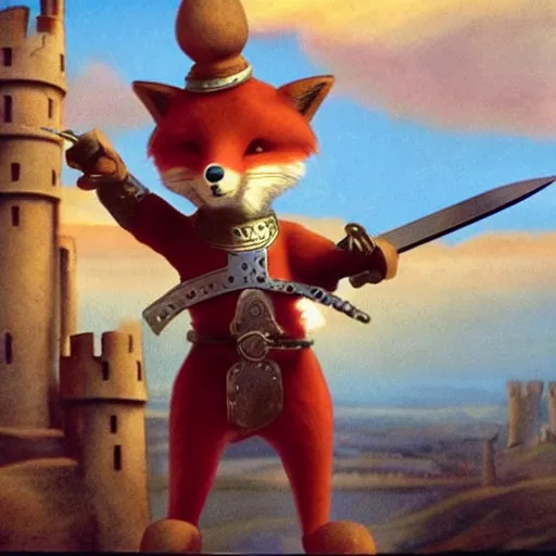 Image similar to anthropomorphic fox!! who is a medieval knight holding a sword towards a stormy thundercloud [ 1 9 3 0 s film still ], ( castle in the background )