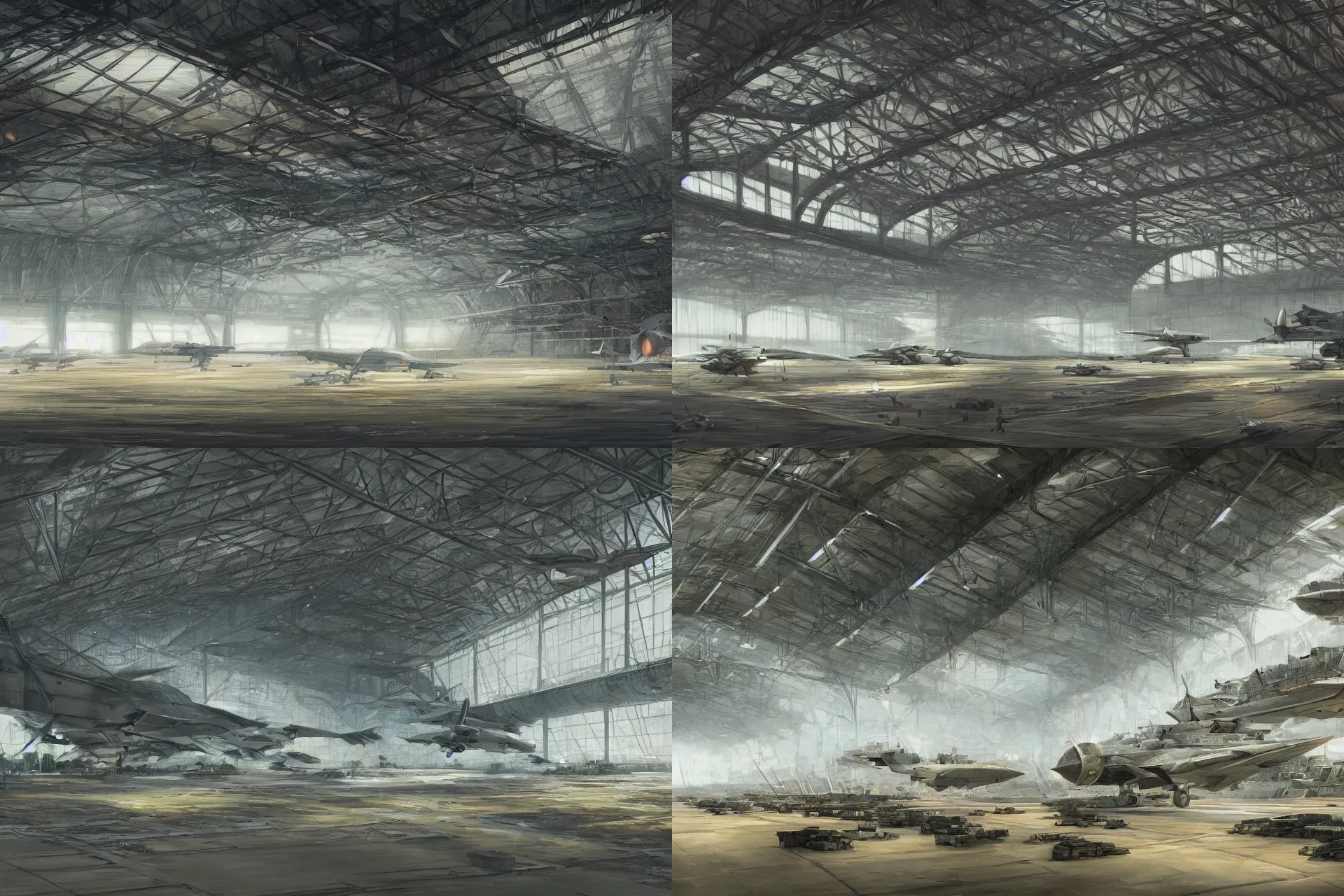 Image similar to a scene of a military airplane hangar, concept art by richard wright, cgsociety, fantasy art, biomorphic, artstation hq, concept art