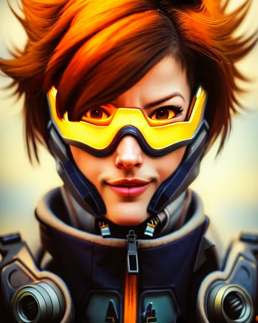 Image similar to tracer from overwatch, pilot jacket, character portrait, portrait, close up, highly detailed, intricate detail, amazing detail, sharp focus, vintage fantasy art, vintage sci - fi art, radiant light, caustics, by boris vallejo