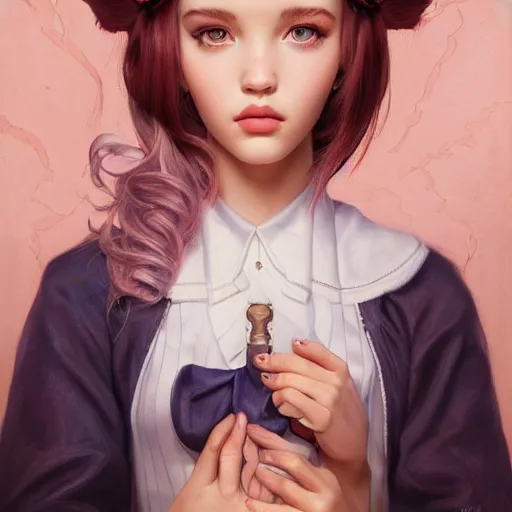 Image similar to tom bagshaw, very beautiful genetic mix of dove cameron madison beer bella poarch in a school sailor suit, randomly lustrous colored hair, professionally retouched, focus eyes, ultra realistic soft painting, insanely detailed linework, symmetrical accurate intricate features, behance artstation, 8 k