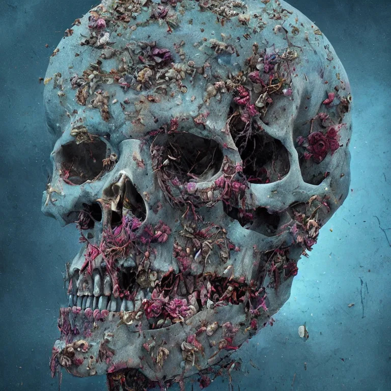 Image similar to A beautiful oil painting hyperrealism of a decayed zombie head, rotting clay skin, skull bones flowers, 8k resolution, octane render, Trending on artstation, by Gediminas Pranckevicius, volumetric light 2blue fractal Thunder glow by dan mumford, anaglyph effect, Laurie Lipton
