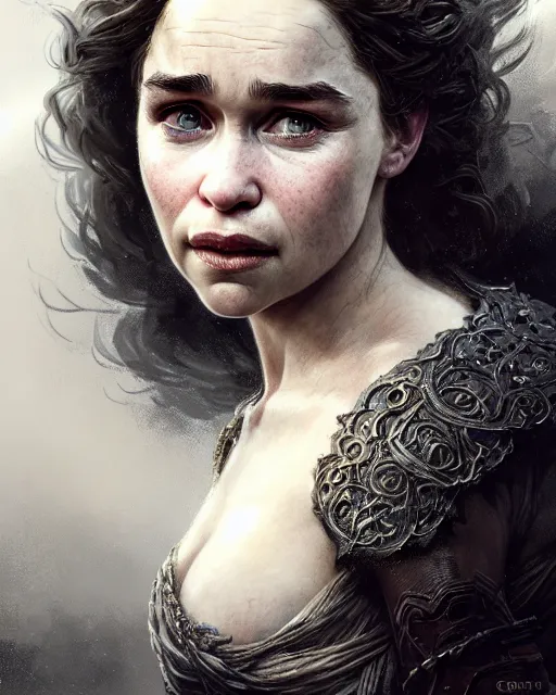 Prompt: emilia clarke pretty, character portrait, portrait, close up, concept art, intricate details, highly detailed by greg rutkowski, michael whelan and gustave dore