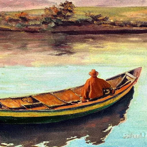 Prompt: painting of old fisherman on a small boat by eugen bracht, - n 9