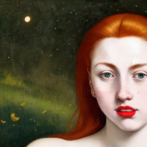 Image similar to a highly detailed portrait, red haired young woman, long hair, green eyes, hint of freckles, round gentle face, cheeky smile with red lips, among golden fireflies and nature by night, deep focus, smooth, sharp, golden ratio, elegant, digital painting by artemisia lomi gentileschi, caravaggio and artgerm