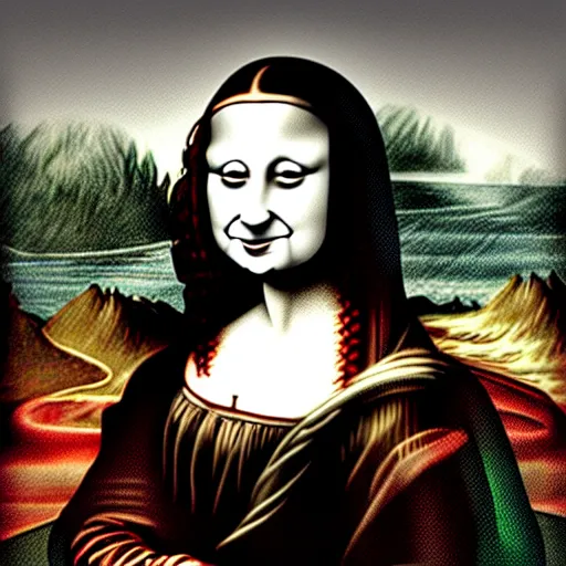 Image similar to grunge drawing of a happy mona lisa in the style of loony toons | horror themed | pennywise style