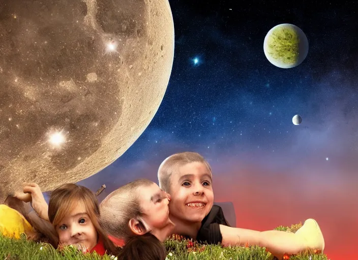 Image similar to Un ensemble d'enfants La galaxie s'étend Jardin de l'imagination Combler la lacune Voler face à la lune Vois comme nous évoluons, 8k quality, award winning photo