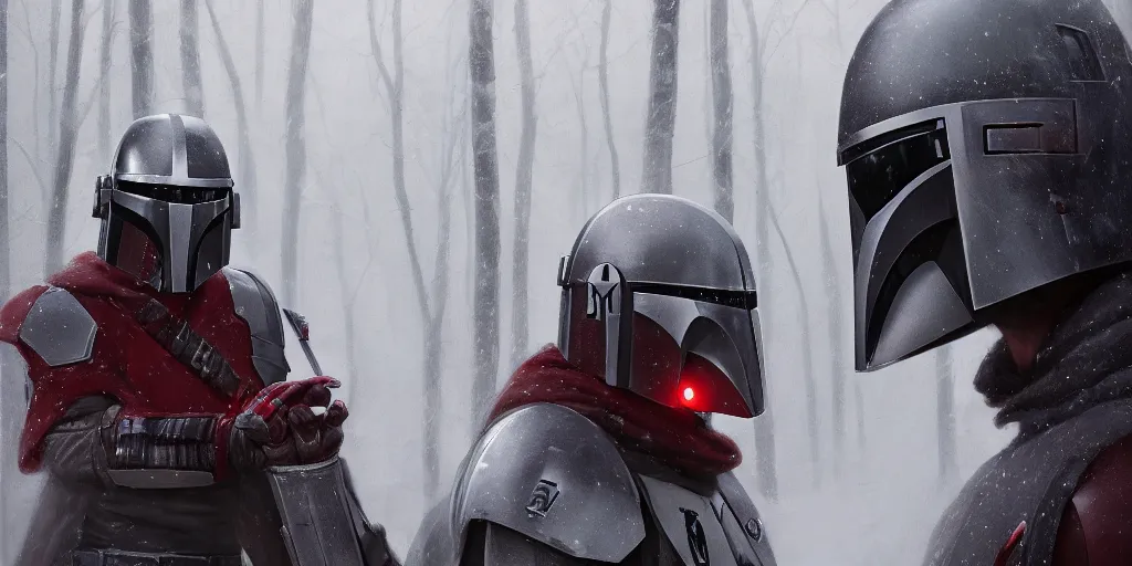 Image similar to a mandalorian with a red and grey helmet facing a long dark haired jedi man, from side view close up, in a snowy forest setting, hard edges concept art, highly detailed, great cinematic lighting, depth of field, art by greg rutkowski, trending on artstation