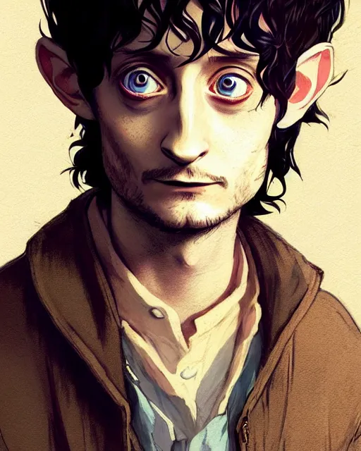 Image similar to portrait Anime joyful Elijah Wood as Hobbit Frodo Baggins; velvet brown jacket, backpack, Shire background || cute-fine-face, pretty face, realistic shaded Perfect face, fine details. Anime. realistic shaded lighting by Ilya Kuvshinov katsuhiro otomo ghost-in-the-shell, magali villeneuve, artgerm, Jeremy Lipkin and Michael Garmash and Rob Rey