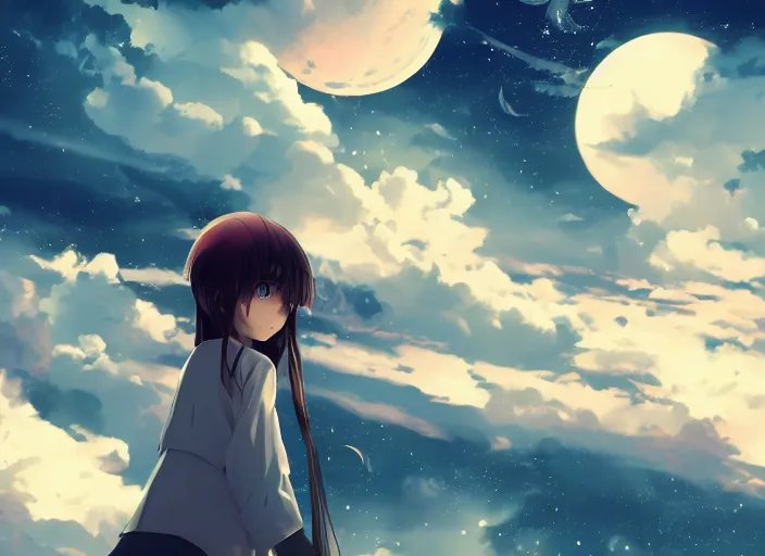 Prompt: illustration night sky clouds multiple moons | | anime key visual, official media, illustrated by wlop, extremely detailed, 8 k, trending on pixiv, cinematic lighting, beautiful