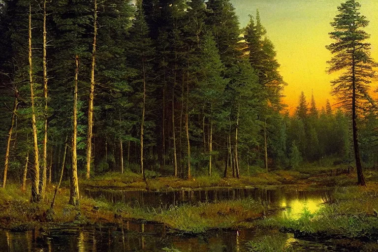 Image similar to A beautiful painting of The edge of the Russian forest in summer at night by Ivan Shishkin, Trending on artstation.