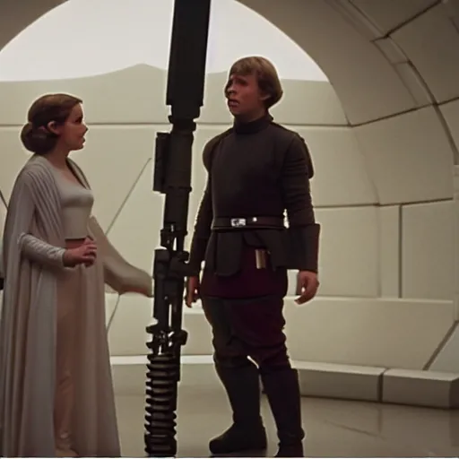 Image similar to Luke Skywalker teaches Leia in outfit at Jedi Temple scene from the last jedi, 2022, film by Stanley Kubrick, serene, iconic scene, stunning cinematography, hyper detailed, sharp, anamorphic lenses, kodak color film