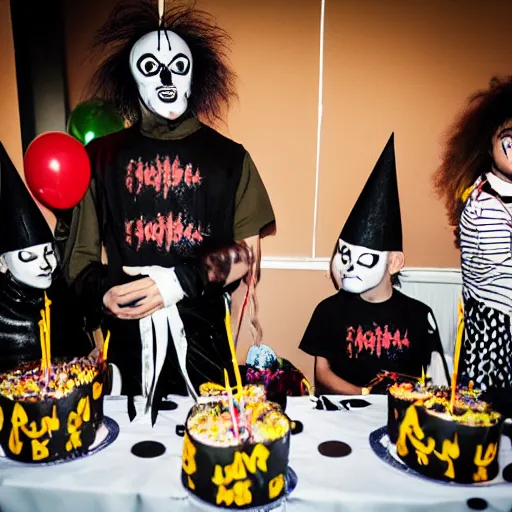 Image similar to black metal band at a children's birthday party, balloons, clown, cakes, fun, kids