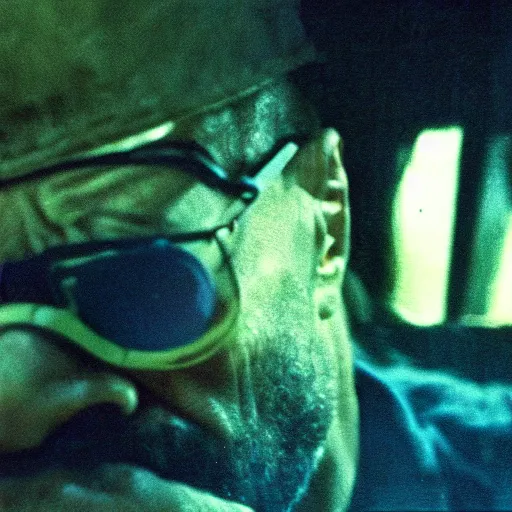 Prompt: film still, extreme far view, walter white, jungle, vietnam door gunner, apocalypse now, associated press, 2 6 mm, kodak ektachrome, blue tint, expired film,