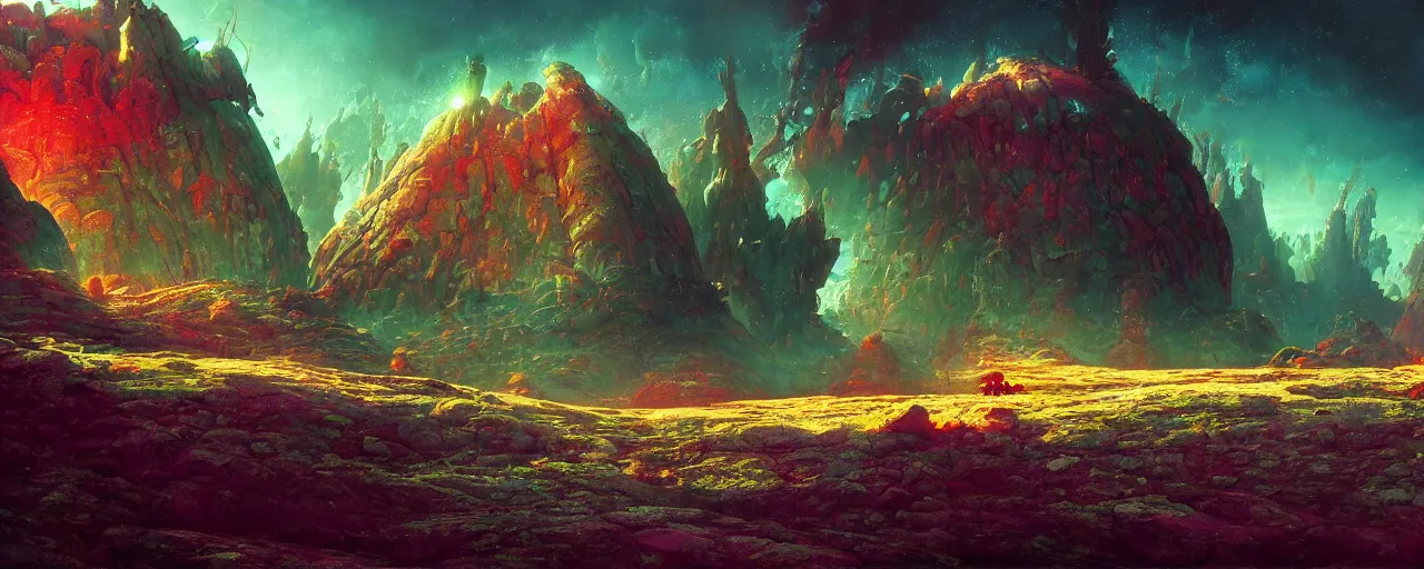 Prompt: ” mysterious and whimsical alien landscape, [ inviting, cinematic, detailed, epic, widescreen, opening, establishing, mattepainting, photorealistic, realistic textures, octane render, art by slop and paul lehr ] ”