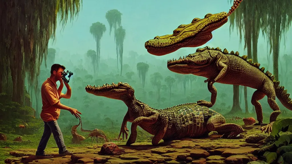 Image similar to a man with the head of an alligator holding a saxaphone, intricate, detailed, volumetric lighting, sharp focus, scenery, photorealism, digital painting, highly detailed, concept art, by roger dean and simon stalenhag and mark brooks