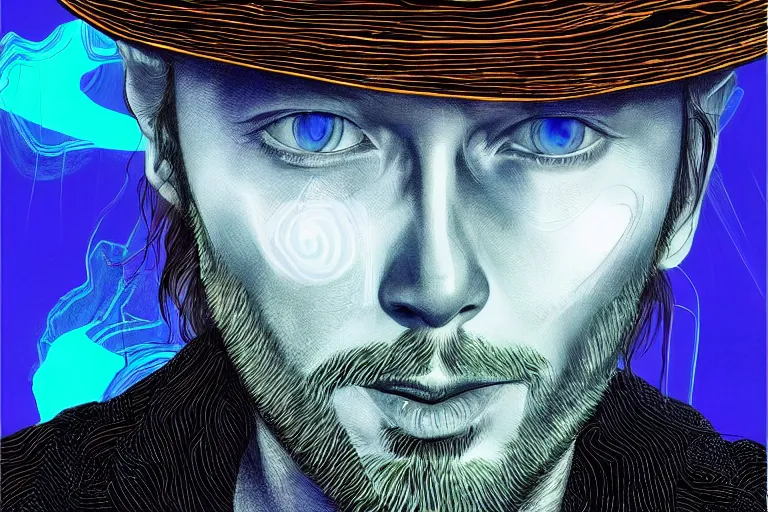 Prompt: A portrait of Thom Yorke as a cyberpunk wearing a bowler hat, iridescent highlights, surrounded by digital swirls, highly detailed, intricate, soft, sci-fi, sharp focus, glowing lines, art by artgerm and jean giraud