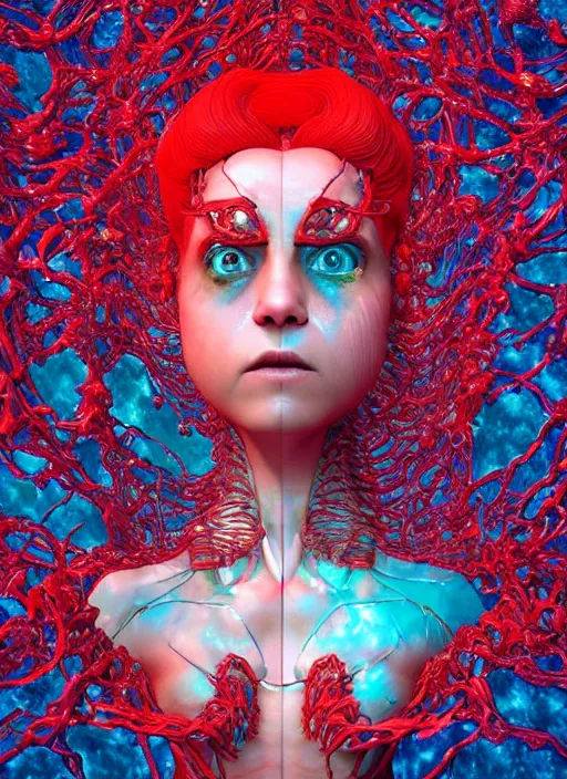 Image similar to hyper detailed 3d render like a sculpture - profile subsurface scattering (a beautiful fae princess protective playful expressive from that looks like a borg queen grumpy cat wearing a sundress made of flowers) seen red carpet photoshoot in UVIVF posing in caustic light pattern pool of water to Eat bite of the Strangling network of yellowcake aerochrome and milky Fruit and His delicate Hands hold of gossamer polyp blossoms bring iridescent fungal flowers whose spores black the foolish stars by Jacek Yerka, Ilya Kuvshinov, Mariusz Lewandowski, Houdini algorithmic generative render, golen ratio, Abstract brush strokes, Masterpiece, Victor Nizovtsev and James Gilleard, Zdzislaw Beksinski, Tom Whalen, Mark Ryden, Wolfgang Lettl, hints of Yayoi Kasuma and Dr. Seuss, Grant Wood, octane render, 8k, maxwell render, siggraph
