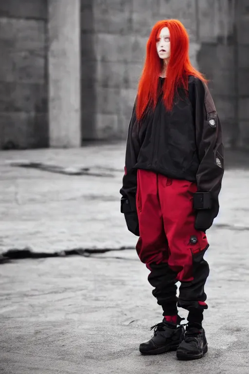 Prompt: beautiful red haired woman in techwear, warcore look and clothes, ACG, ACRNYM, Rick Owens, trending on r/streetwear, outfit photo, we see them from head to toe