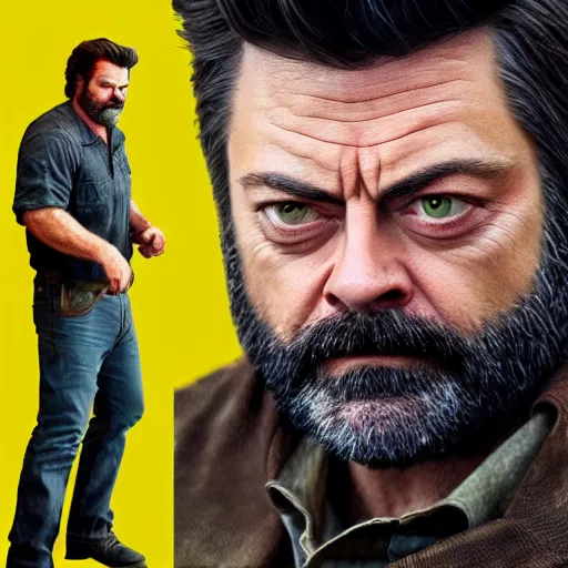 Prompt: logan wolverine pictured as nick offerman, photorealistic marvel movie still, imdb, detailed, 8 k, poster photosession style, deviantart and artstation top picks