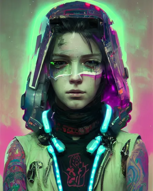 Image similar to detailed portrait Young Gangster Girl cyberpunk futuristic ((neon)) tattoes, styled hair Reflective thin sheen film jacket, decorated traditional ornaments by ismail inceoglu dragan bibin hans thoma greg rutkowski Alexandros Pyromallis Nekro Alphonse Mucha Zac Retz illustrated Perfect face, fine details, realistic shaded, fine-face, pretty face